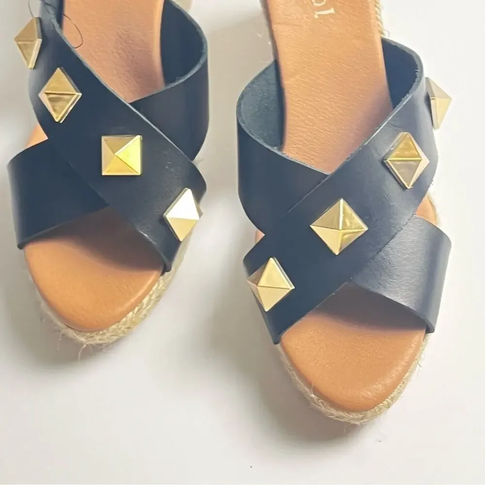 Maypol Women's Genuine Leather Upper Black Gold Studded Heeled Wedge Sz 39